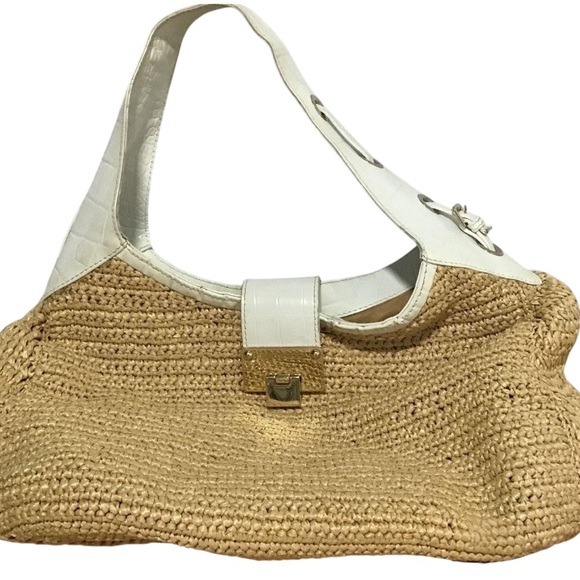 Jimmy Choo Tan Raffia Hobo Woven Bag Women’s with White Leather Accents EUC - Picture 1 of 3